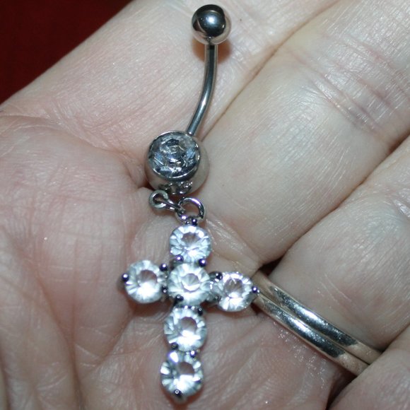Stainless Steel Rhinestone Cross Belly Ring - Picture 2 of 3